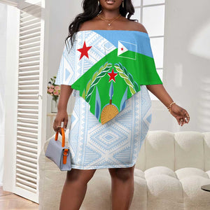 Djibouti Off Shoulder Short Dress Flag Tribal Motifs and Red Star Symbol of Unity