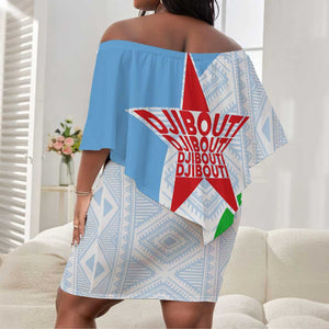 Djibouti Off Shoulder Short Dress Flag Tribal Motifs and Red Star Symbol of Unity