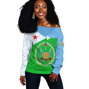 Djibouti Off Shoulder Sweater Flag Tribal Motifs and Red Star Symbol of Unity