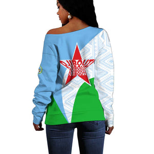 Djibouti Off Shoulder Sweater Flag Tribal Motifs and Red Star Symbol of Unity