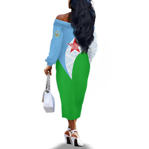 Djibouti Off The Shoulder Long Sleeve Dress Flag Tribal Motifs and Red Star Symbol of Unity