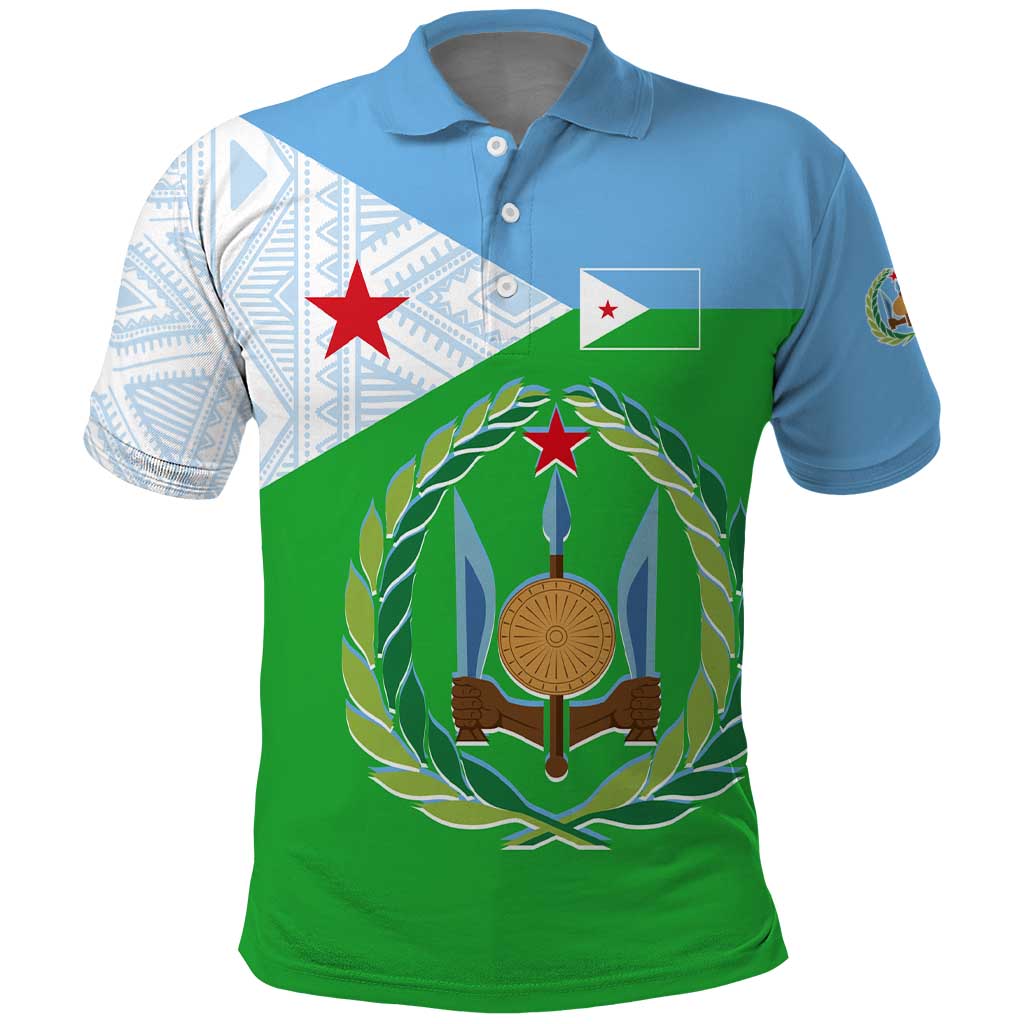 Djibouti Polo Shirt Flag Tribal Motifs and Red Star Symbol of Unity