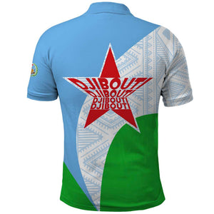 Djibouti Polo Shirt Flag Tribal Motifs and Red Star Symbol of Unity