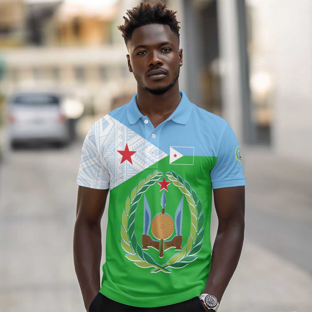 Djibouti Polo Shirt Flag Tribal Motifs and Red Star Symbol of Unity