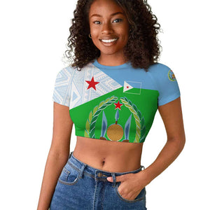 Djibouti Raglan Cropped T shirt Flag Tribal Motifs and Red Star Symbol of Unity