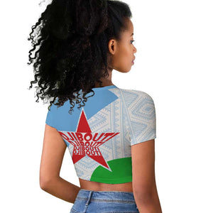 Djibouti Raglan Cropped T shirt Flag Tribal Motifs and Red Star Symbol of Unity