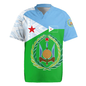 Djibouti Rugby Jersey Flag Tribal Motifs and Red Star Symbol of Unity
