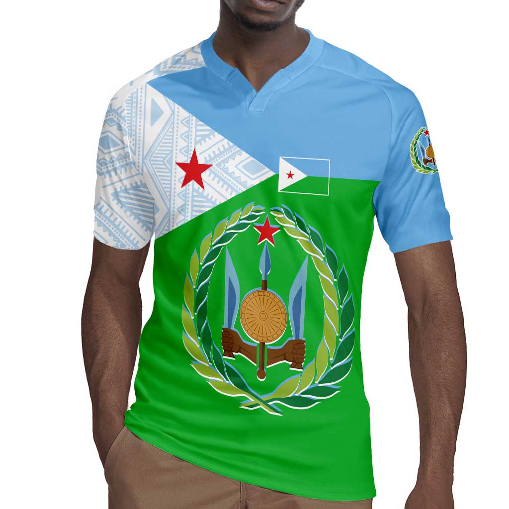 Djibouti Rugby Jersey Flag Tribal Motifs and Red Star Symbol of Unity
