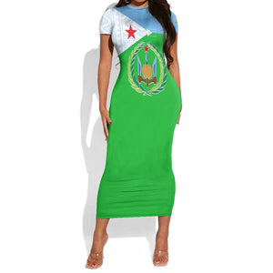 Djibouti Short Sleeve Bodycon Dress Flag Tribal Motifs and Red Star Symbol of Unity TS04