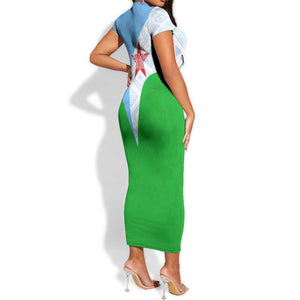Djibouti Short Sleeve Bodycon Dress Flag Tribal Motifs and Red Star Symbol of Unity TS04