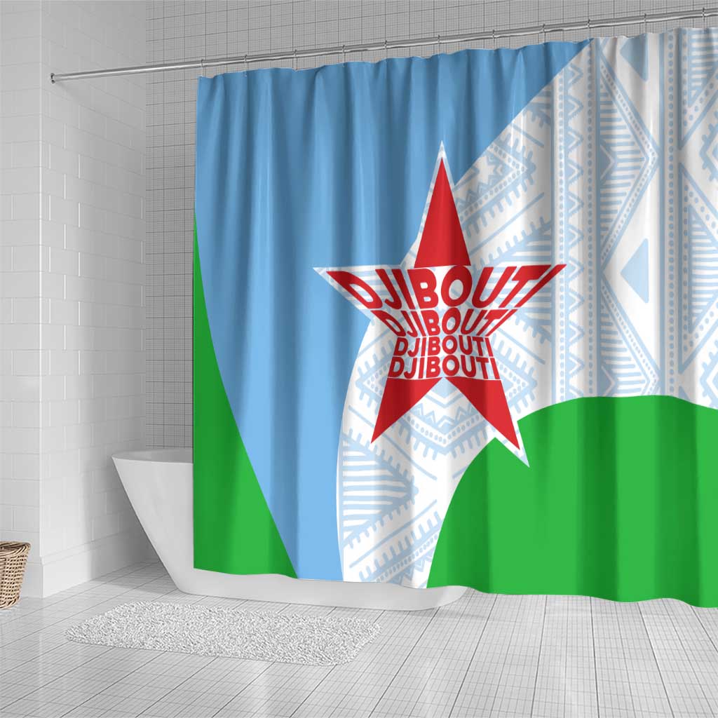 Djibouti Shower Curtain Flag Tribal Motifs and Red Star Symbol of Unity