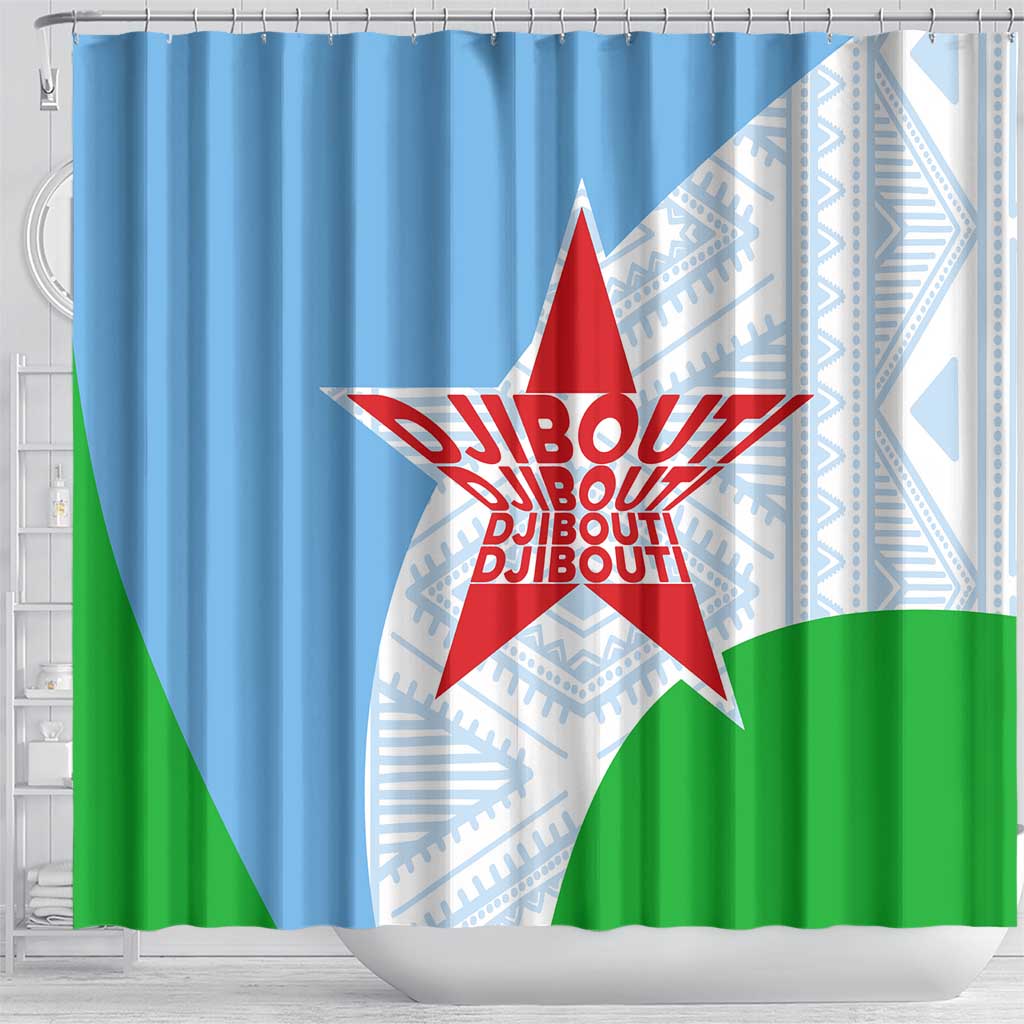 Djibouti Shower Curtain Flag Tribal Motifs and Red Star Symbol of Unity