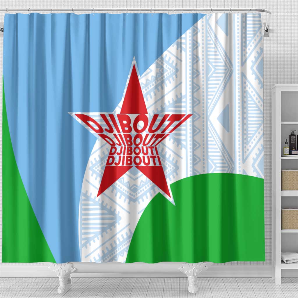 Djibouti Shower Curtain Flag Tribal Motifs and Red Star Symbol of Unity
