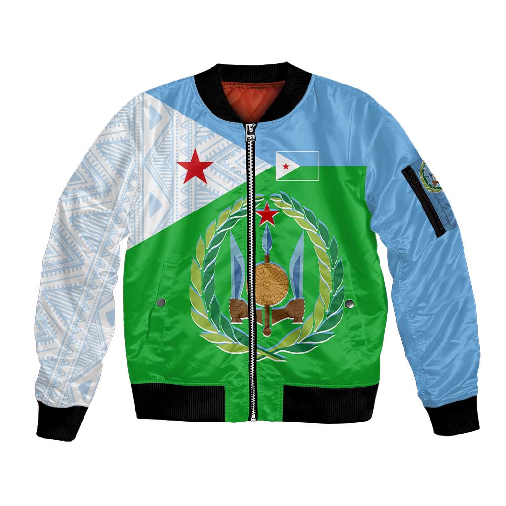 Djibouti Sleeve Zip Bomber Jacket Flag Tribal Motifs and Red Star Symbol of Unity