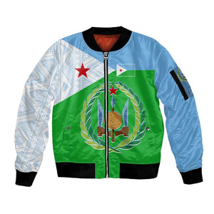 Djibouti Sleeve Zip Bomber Jacket Flag Tribal Motifs and Red Star Symbol of Unity