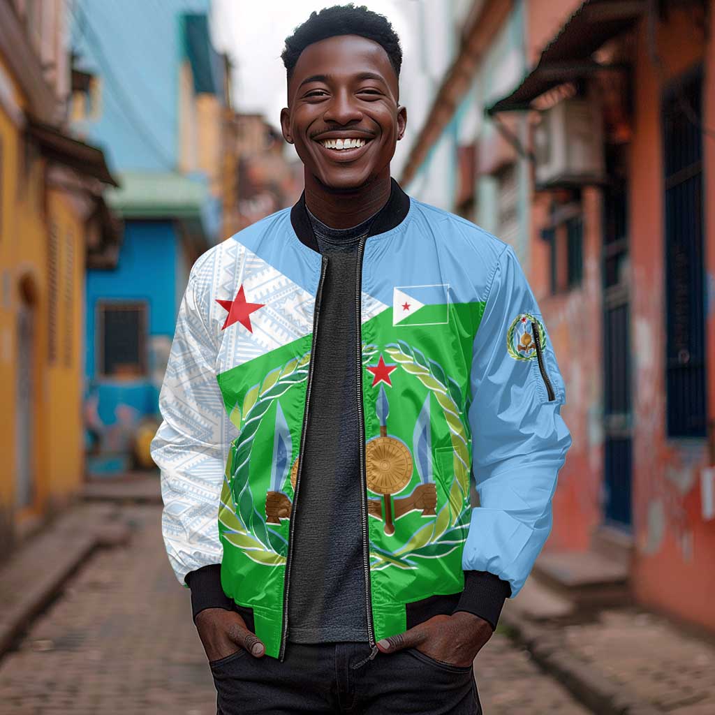 Djibouti Sleeve Zip Bomber Jacket Flag Tribal Motifs and Red Star Symbol of Unity