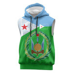 Djibouti Sleeveless Hoodie Flag Tribal Motifs and Red Star Symbol of Unity - African Pride