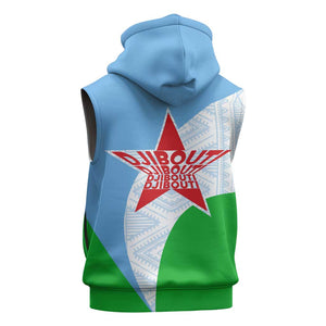 Djibouti Sleeveless Hoodie Flag Tribal Motifs and Red Star Symbol of Unity - African Pride