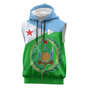 Djibouti Sleeveless Zip Hoodie Flag Tribal Motifs and Red Star Symbol of Unity - African Pride