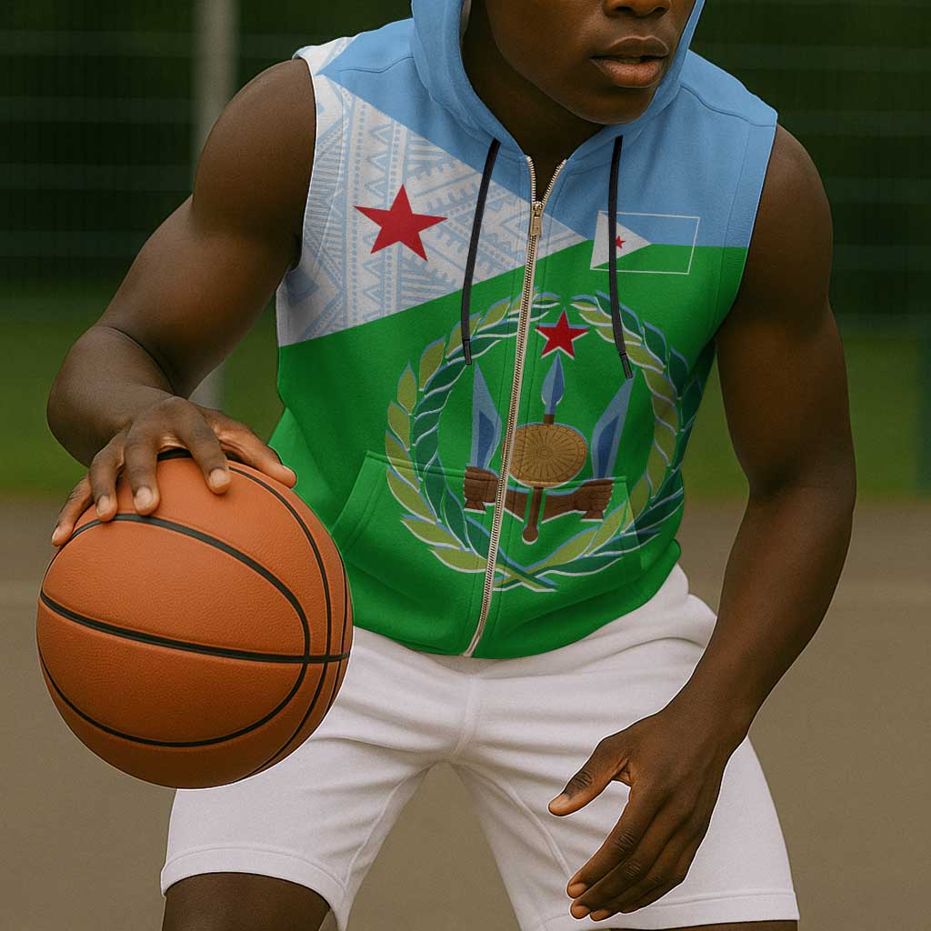 Djibouti Sleeveless Zip Hoodie Flag Tribal Motifs and Red Star Symbol of Unity - African Pride