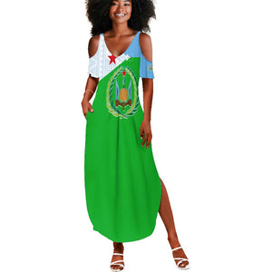 Djibouti Summer Maxi Dress Flag Tribal Motifs and Red Star Symbol of Unity