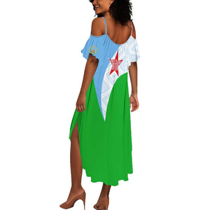 Djibouti Summer Maxi Dress Flag Tribal Motifs and Red Star Symbol of Unity