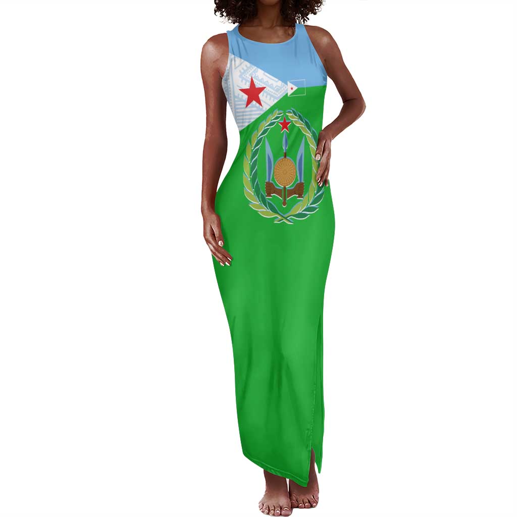 Djibouti Tank Maxi Dress Flag Tribal Motifs and Red Star Symbol of Unity