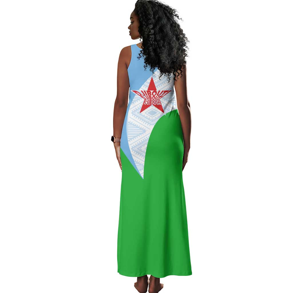 Djibouti Tank Maxi Dress Flag Tribal Motifs and Red Star Symbol of Unity