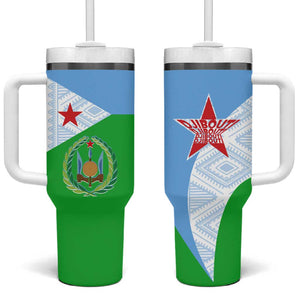 Djibouti Tumbler With Handle Flag Tribal Motifs and Red Star Symbol of Unity