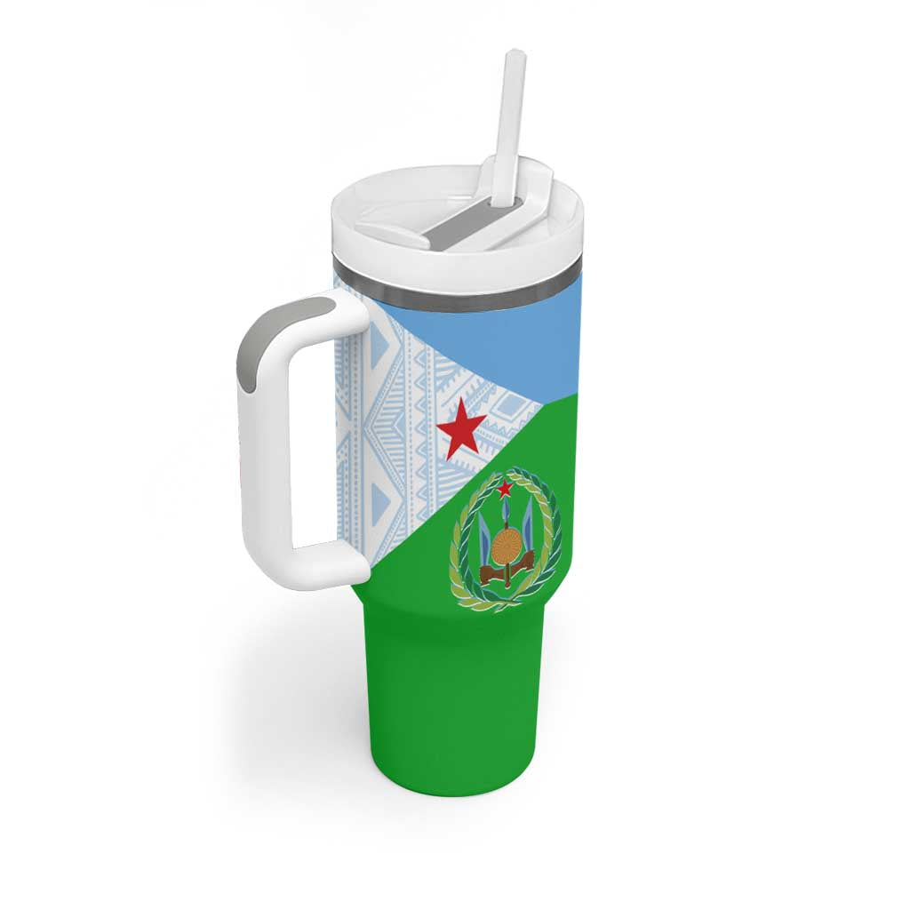 Djibouti Tumbler With Handle Flag Tribal Motifs and Red Star Symbol of Unity