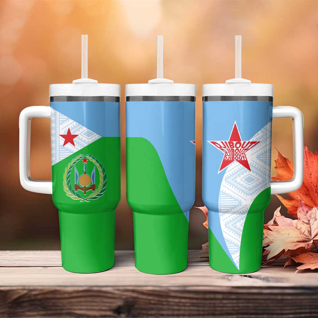 Djibouti Tumbler With Handle Flag Tribal Motifs and Red Star Symbol of Unity