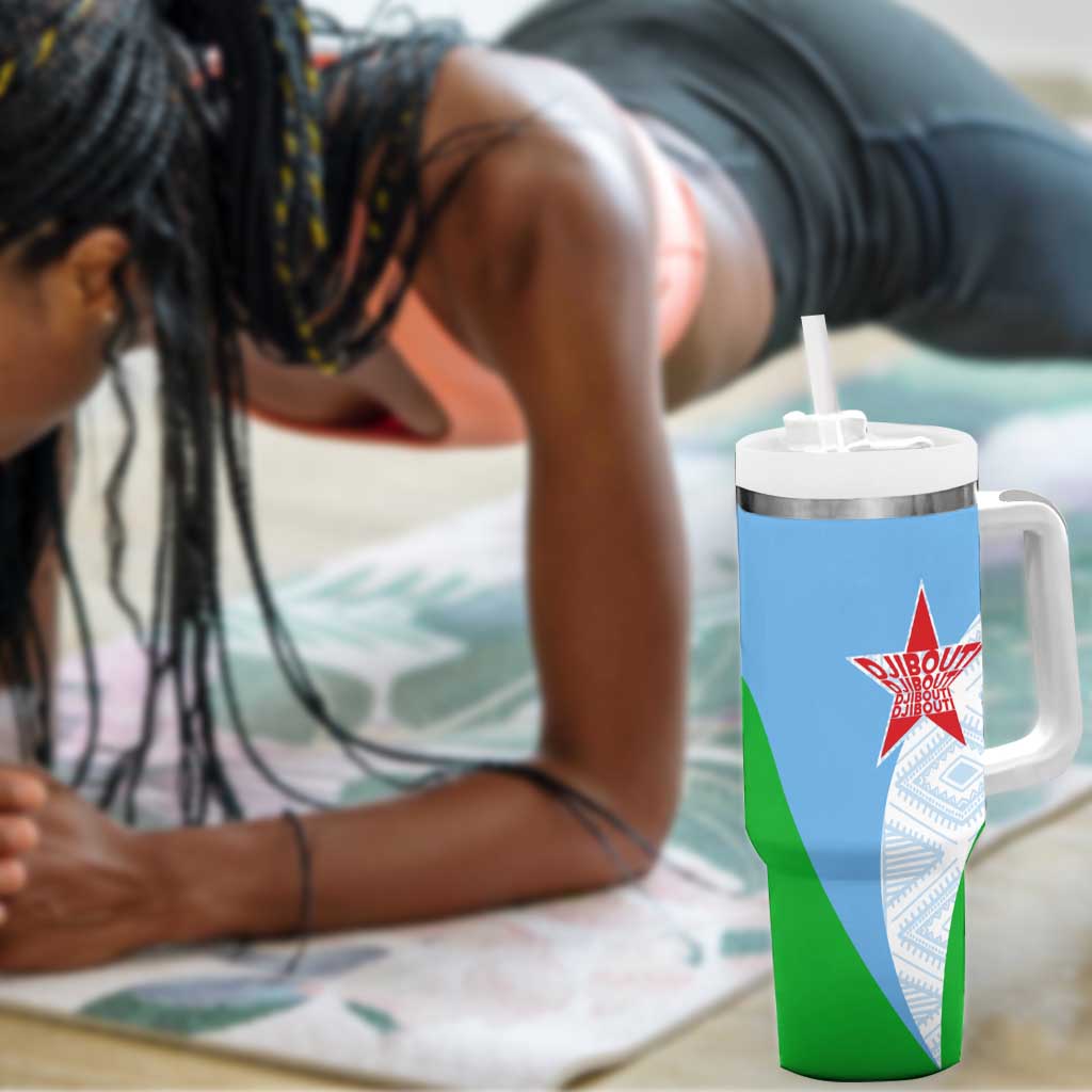 Djibouti Tumbler With Handle Flag Tribal Motifs and Red Star Symbol of Unity