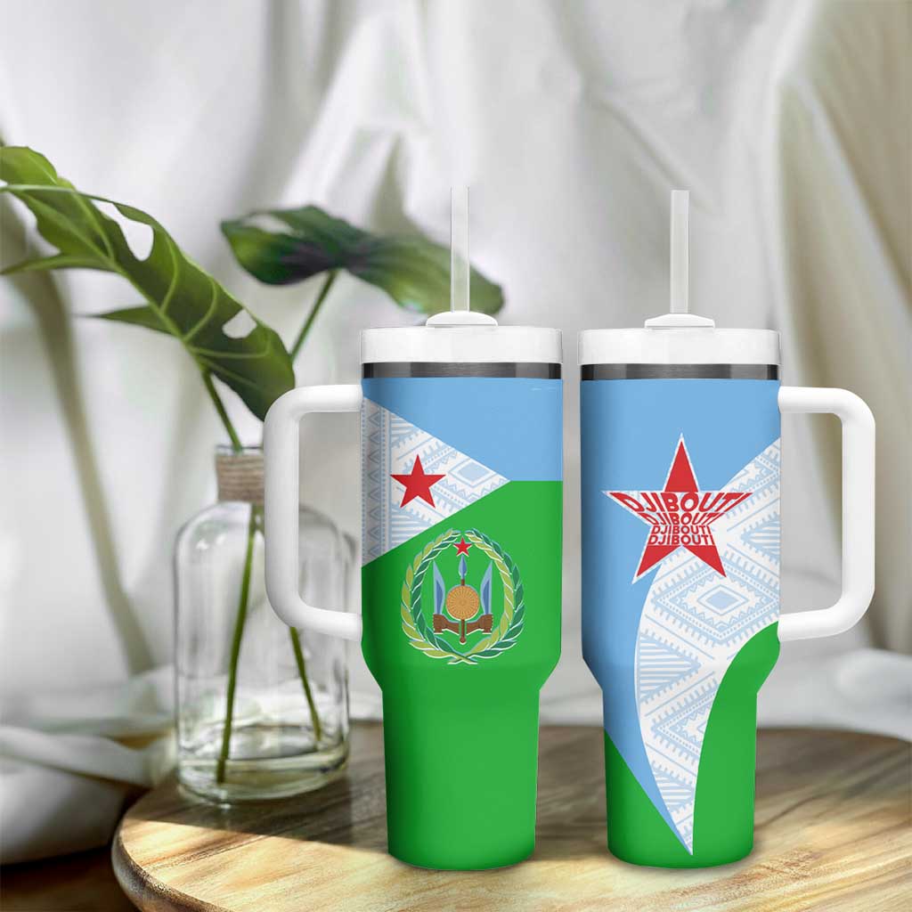Djibouti Tumbler With Handle Flag Tribal Motifs and Red Star Symbol of Unity