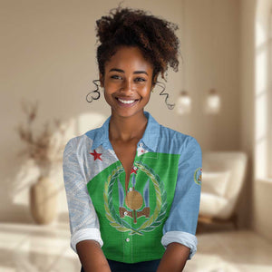 Djibouti Women Casual Shirt Flag Tribal Motifs and Red Star Symbol of Unity