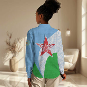 Djibouti Women Casual Shirt Flag Tribal Motifs and Red Star Symbol of Unity