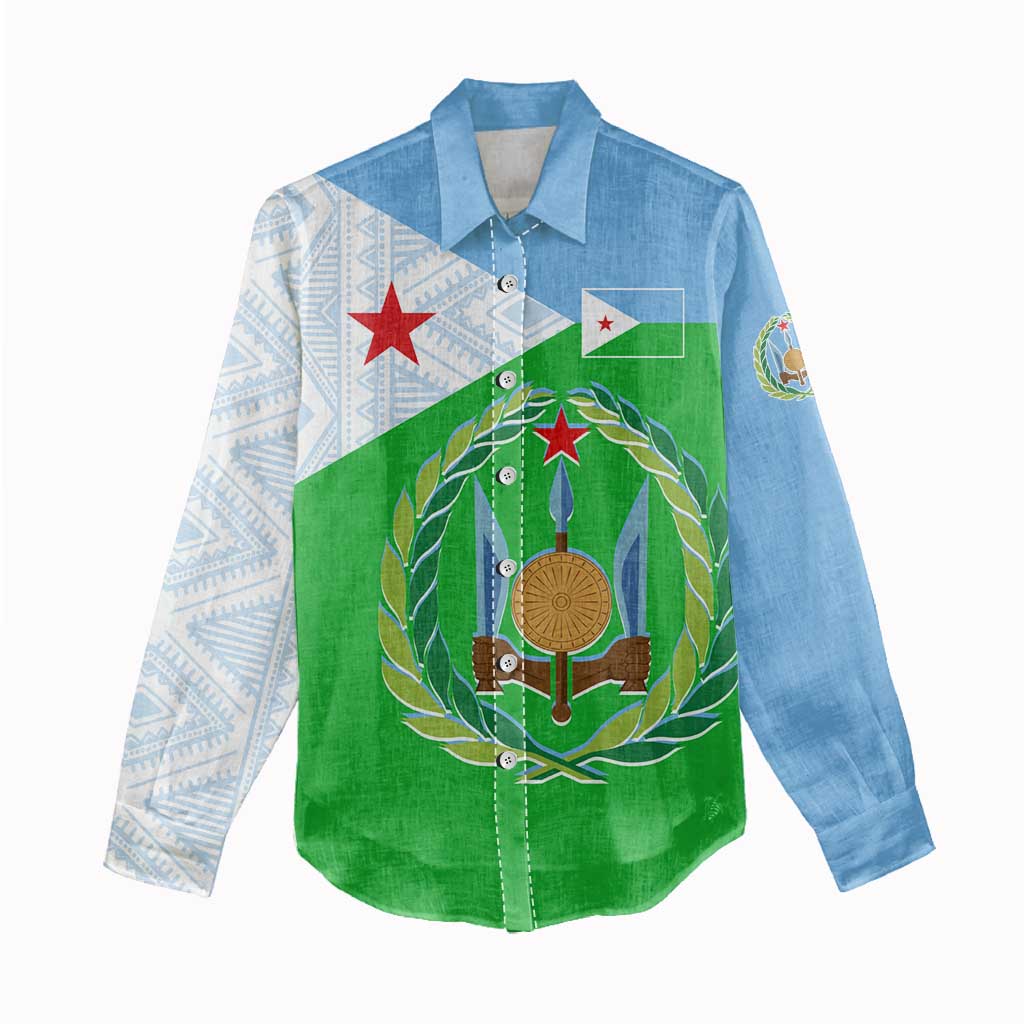 Djibouti Women Casual Shirt Flag Tribal Motifs and Red Star Symbol of Unity