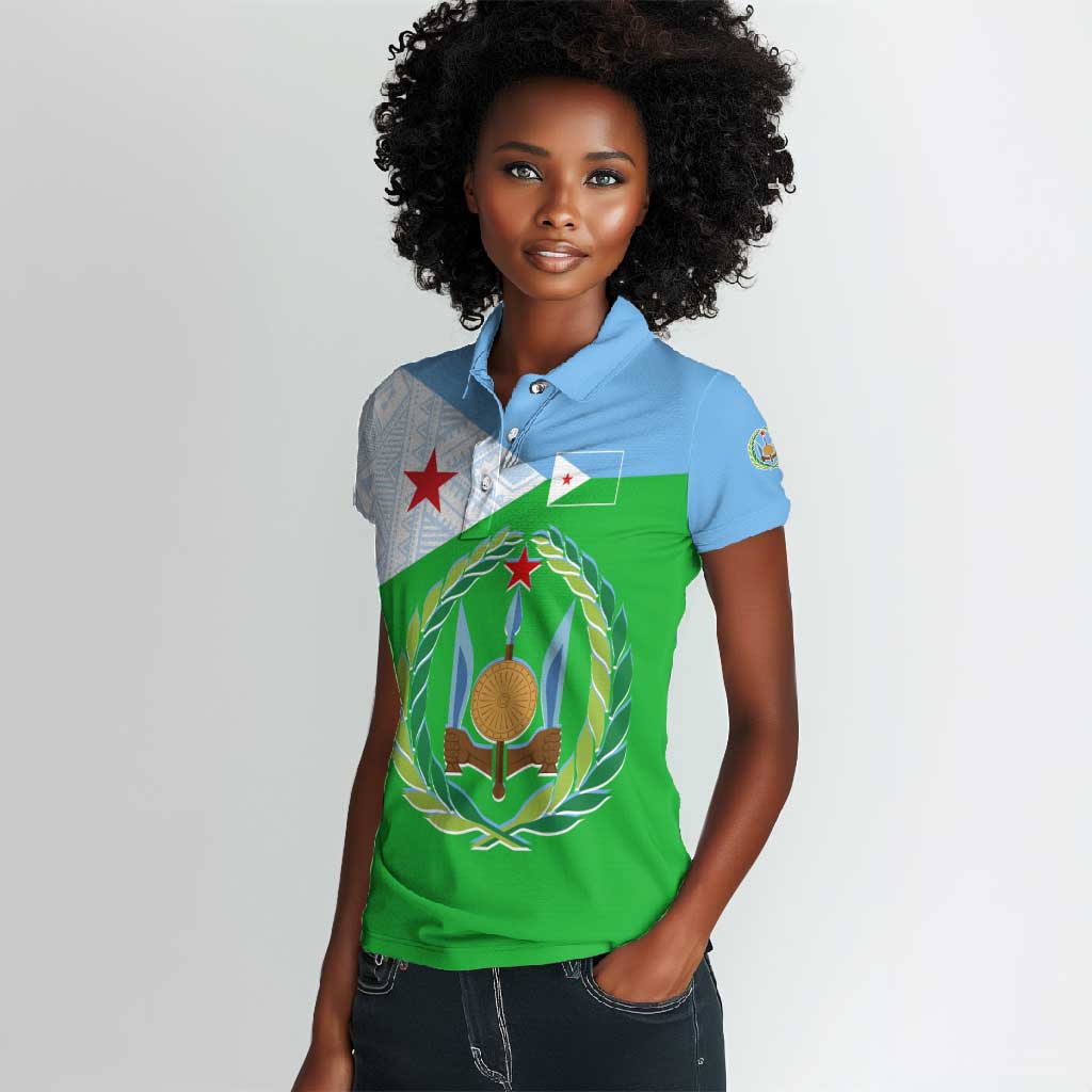 Djibouti Women Polo Shirt Flag Tribal Motifs and Red Star Symbol of Unity