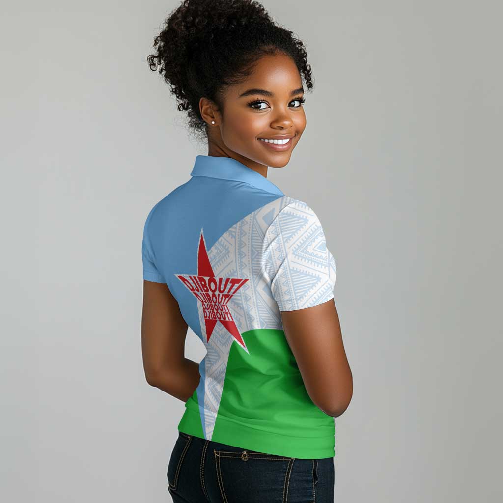 Djibouti Women Polo Shirt Flag Tribal Motifs and Red Star Symbol of Unity