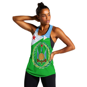 Djibouti Women Racerback Tank Flag Tribal Motifs and Red Star Symbol of Unity