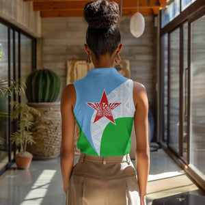 Djibouti Women Sleeveless Polo Shirt Flag Tribal Motifs and Red Star Symbol of Unity