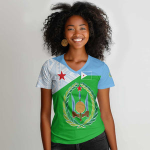 Djibouti Women V-Neck T-Shirt Flag Tribal Motifs and Red Star Symbol of Unity
