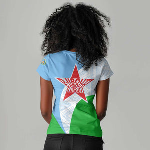 Djibouti Women V-Neck T-Shirt Flag Tribal Motifs and Red Star Symbol of Unity