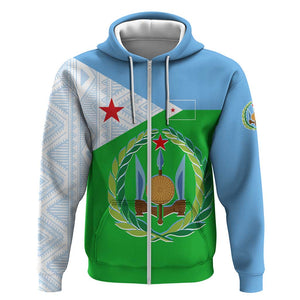 Djibouti Zip Hoodie Flag Tribal Motifs and Red Star Symbol of Unity