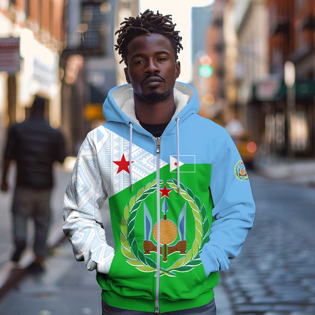 Djibouti Zip Hoodie Flag Tribal Motifs and Red Star Symbol of Unity