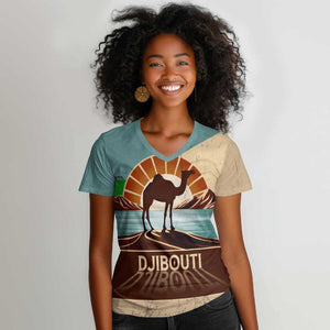 Djibouti Camel Women V-Neck T-Shirt Where Desert Meets Sea and Heritage Stands Tall