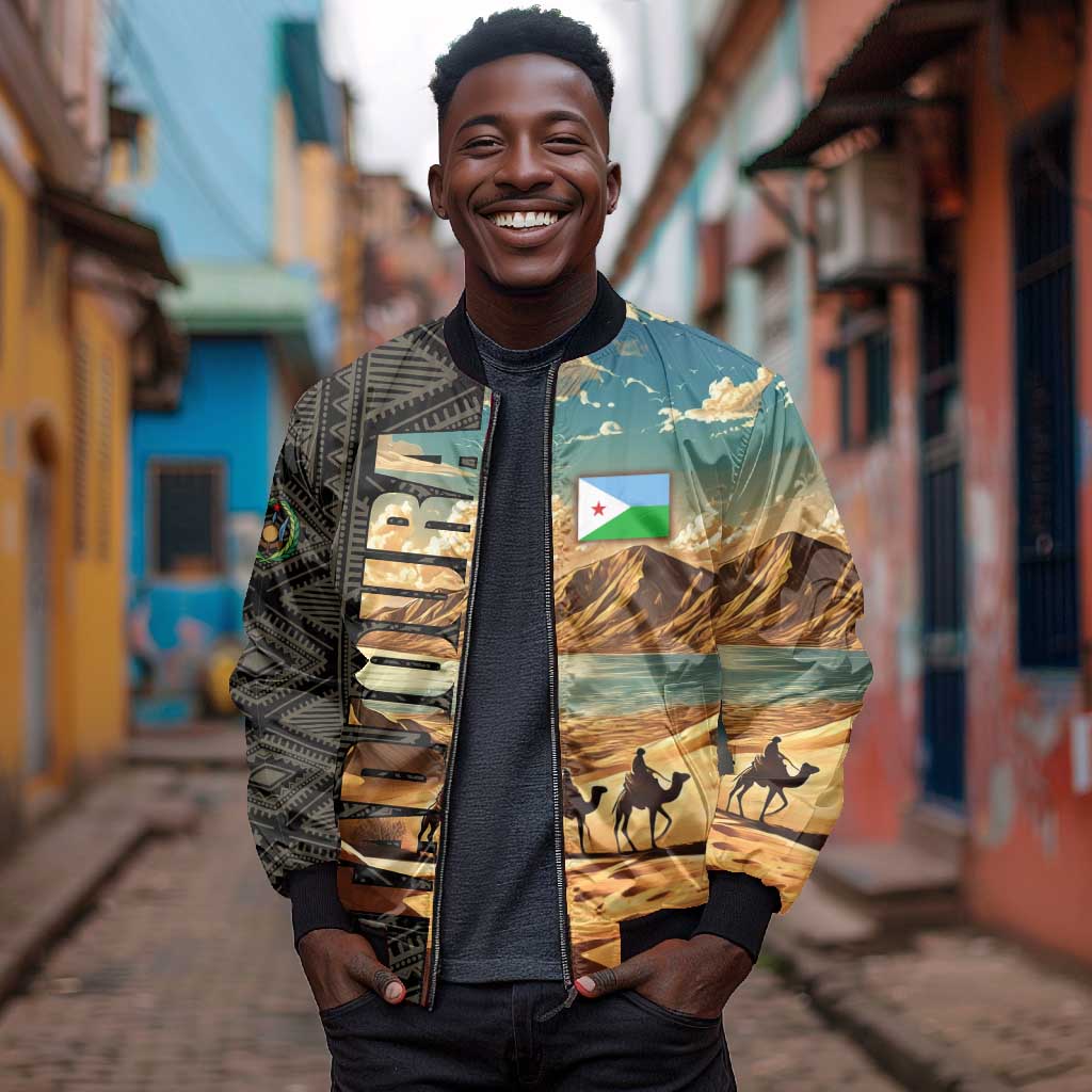 Djibouti Desert Bomber Jacket Camel Riders and African Pattern