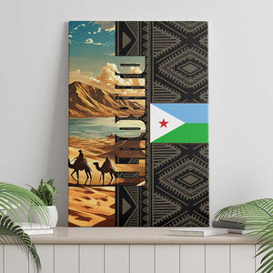 Djibouti Desert Canvas Wall Art Camel Riders and African Pattern