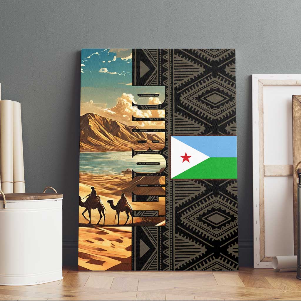 Djibouti Desert Canvas Wall Art Camel Riders and African Pattern