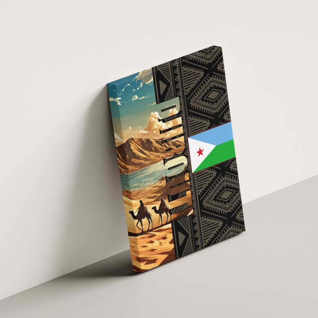 Djibouti Desert Canvas Wall Art Camel Riders and African Pattern