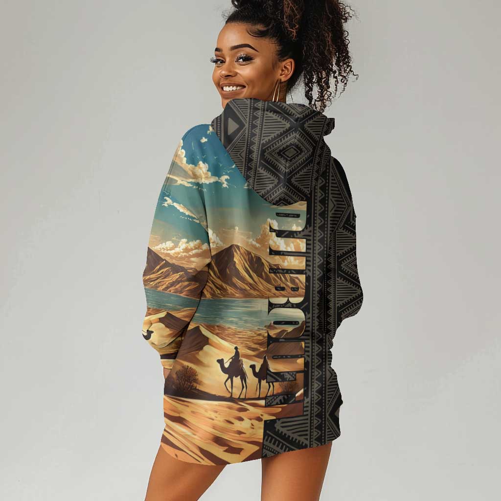 Djibouti Desert Hoodie Dress Camel Riders and African Pattern